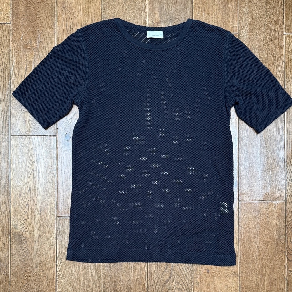 Dries Van Noten Navy Blue Knit Mesh Short Sleeve Top Sz XS